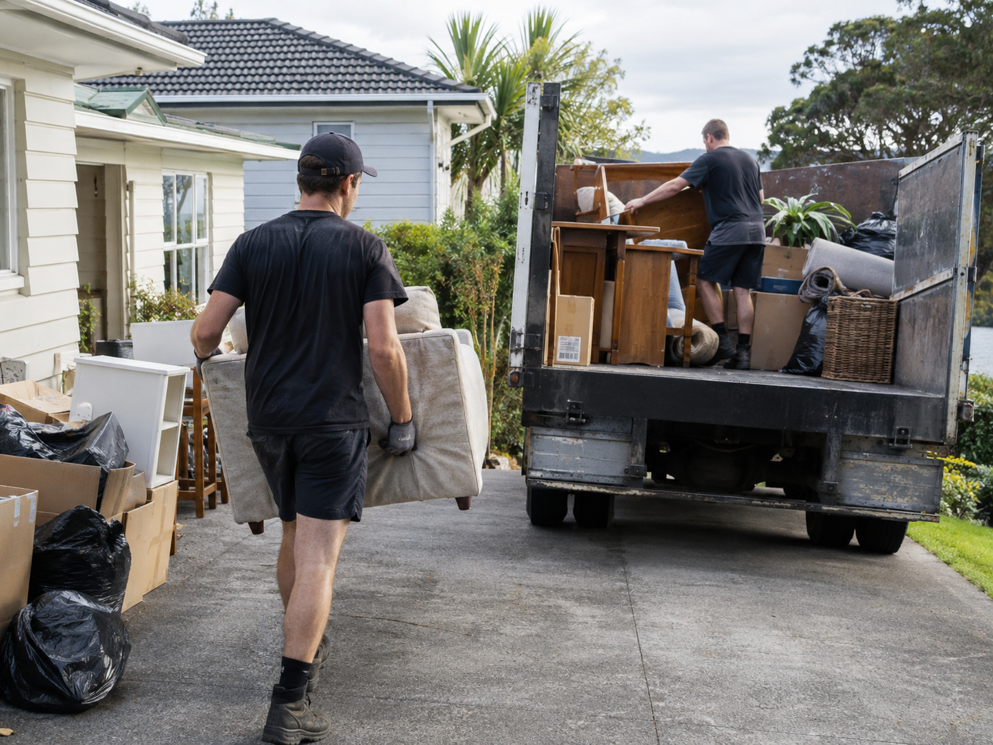 Junk removal team loading unwanted furniture