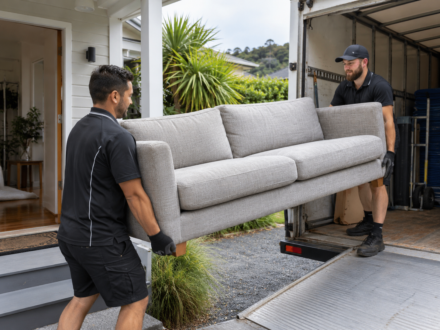Furniture removal team carrying a sofa